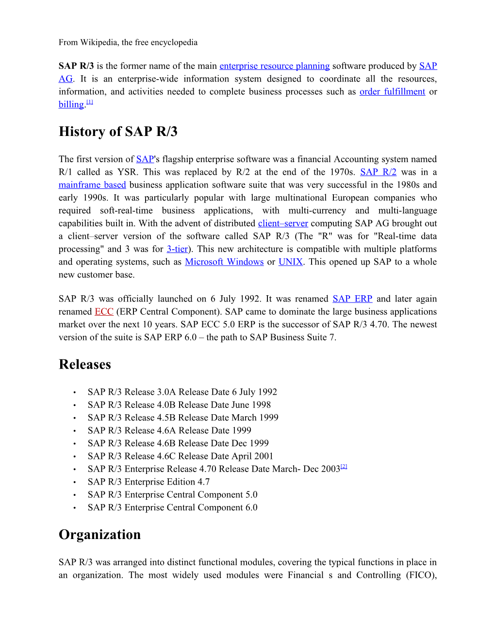 History of SAP R/3 Releases Organization