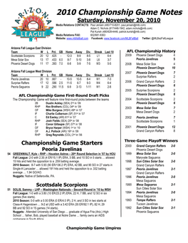 2010 Championship Game Notes Saturday, November 20, 2010 Media Relations CONTACTS: Paul Jensen (480/710-8201, Paul.Jensen@Mlb.Com) Adam C