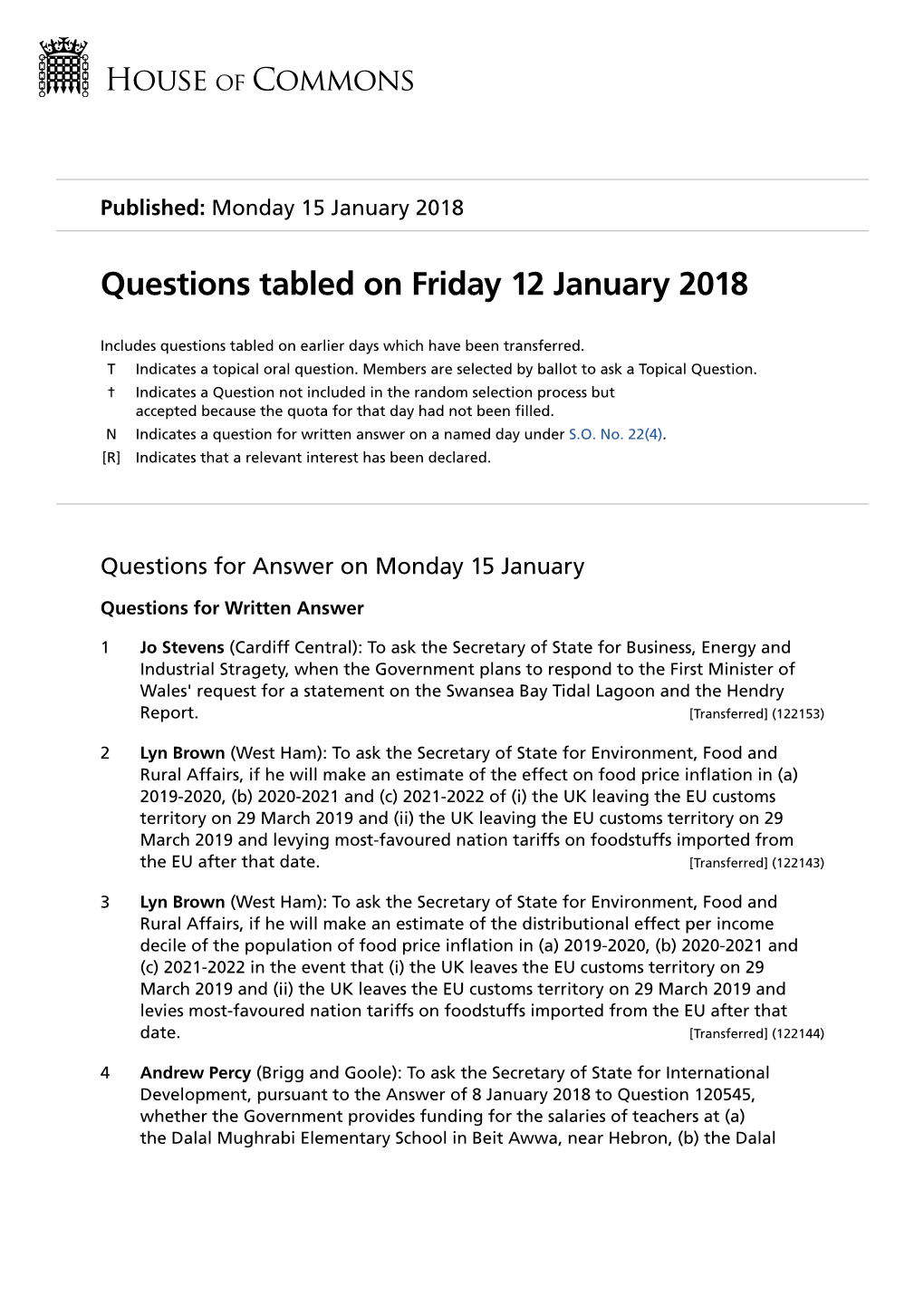 Questions Tabled on Friday 12 January 2018