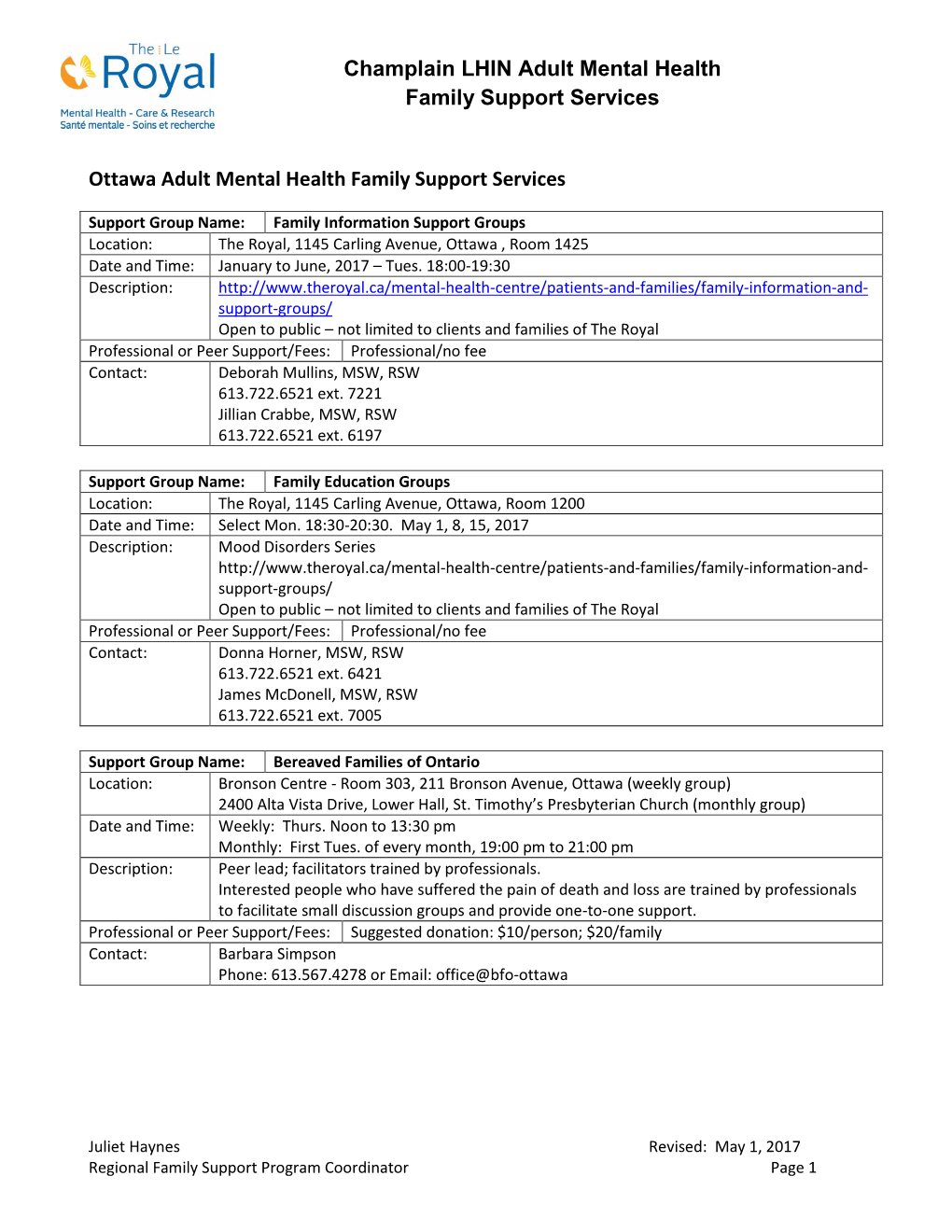 Champlain LHIN Adult Mental Health Family Support Services Ottawa