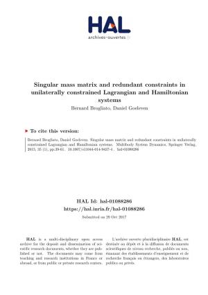 Singular Mass Matrix and Redundant Constraints in Unilaterally Constrained Lagrangian and Hamiltonian Systems Bernard Brogliato, Daniel Goeleven