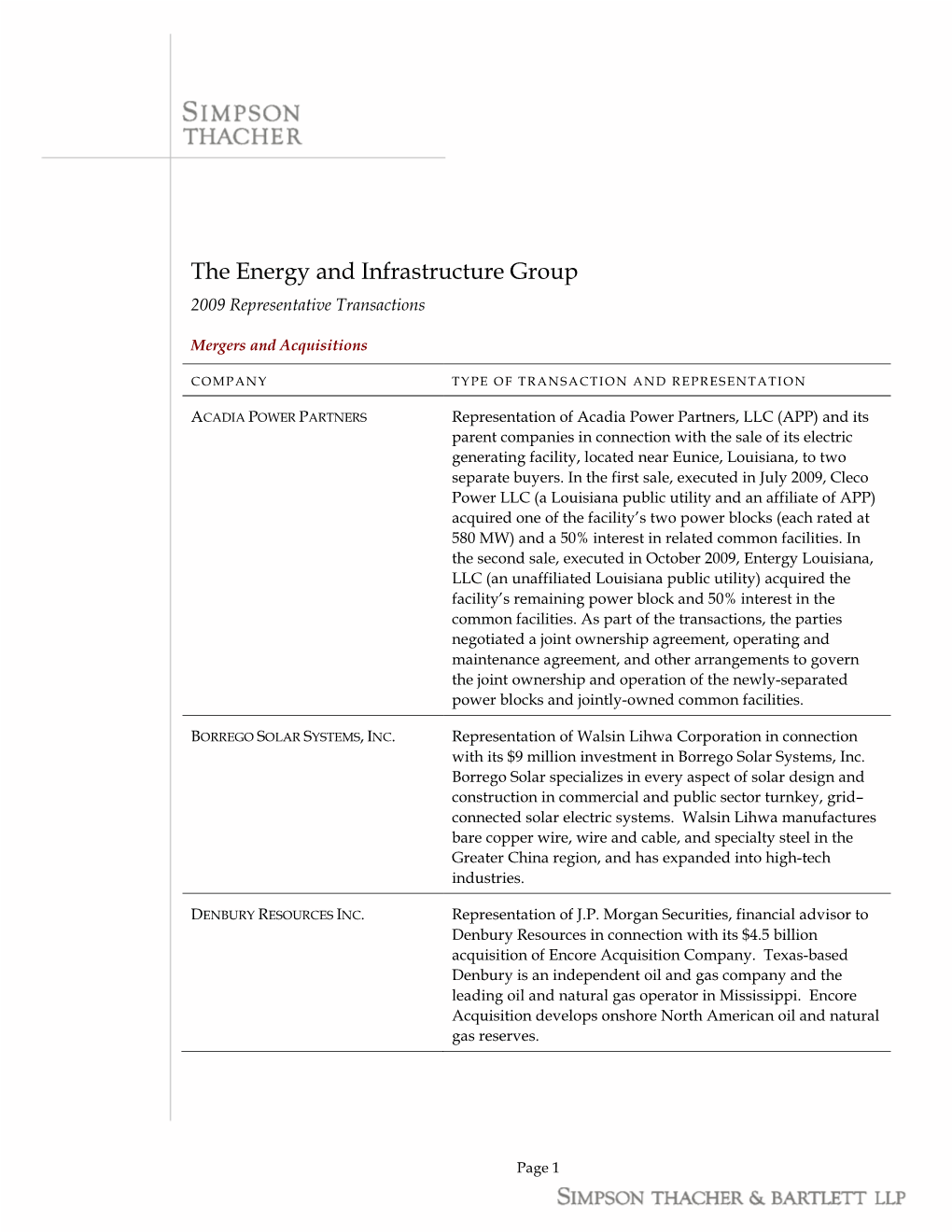 The Energy and Infrastructure Group 2009 Representative Transactions