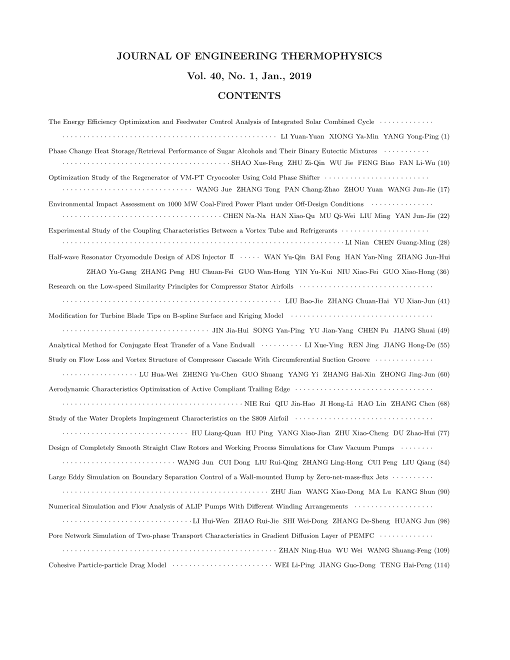 JOURNAL of ENGINEERING THERMOPHYSICS Vol. 40, No. 1, Jan., 2019 CONTENTS