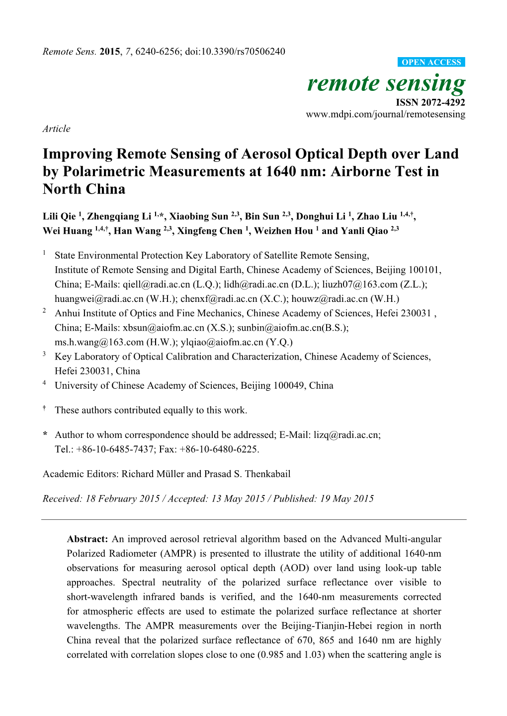 Improving Remote Sensing of Aerosol Optical Depth Over Land by Polarimetric Measurements at 1640 Nm: Airborne Test in North China