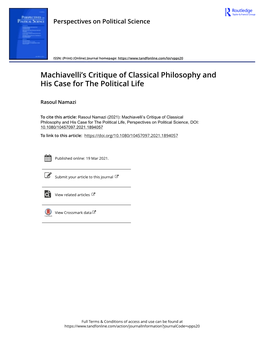 Machiavelli's Critique of Classical Philosophy and His Case for The