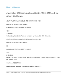 Journal of William Loughton Smith, 1790–1791, Ed. by Albert Matthews