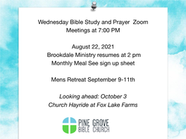 Wednesday Bible Study and Prayer Zoom Meetings at 7:00 PM