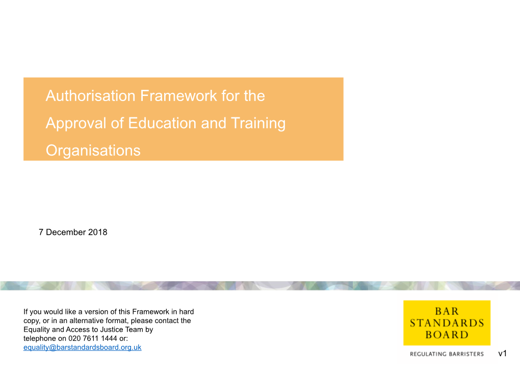 Authorisation Framework for the Approval of Education and Training Organisations