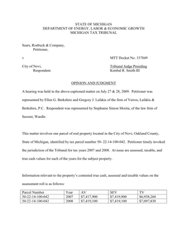 State of Michigan Department of Energy, Labor & Economic Growth Michigan Tax Tribunal