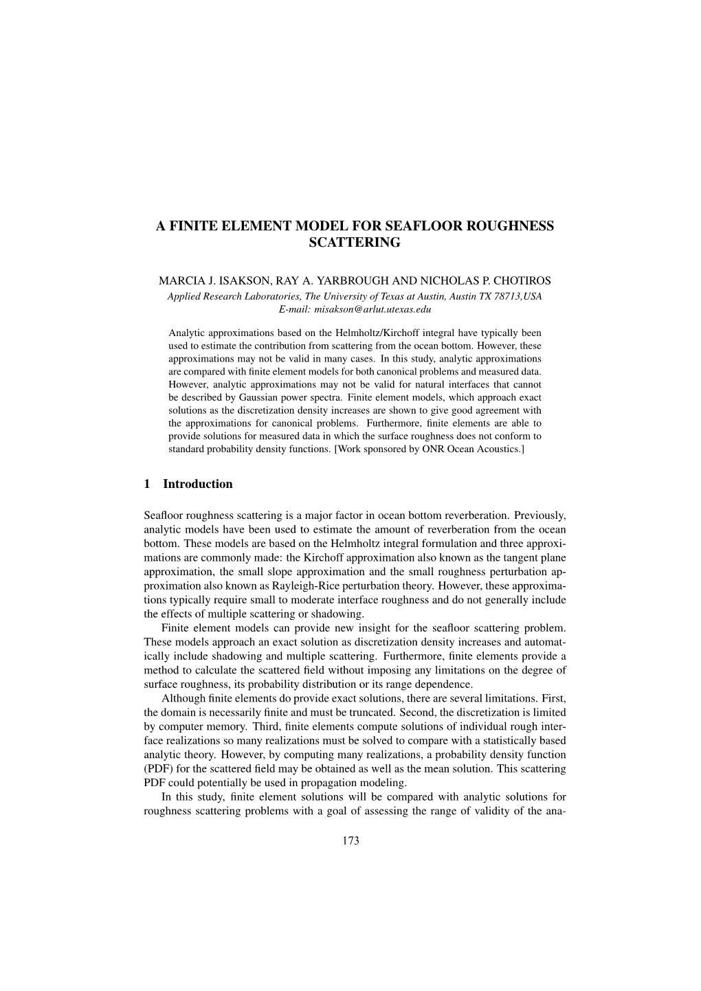 Isakson Et Al: a Finite Element Model for Seafloor Roughness Scattering