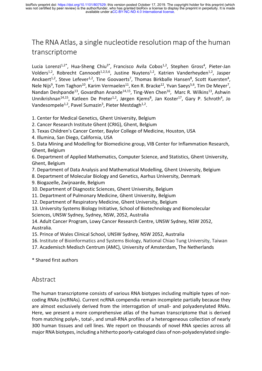 The RNA Atlas, a Single Nucleotide Resolution Map of the Human Transcriptome