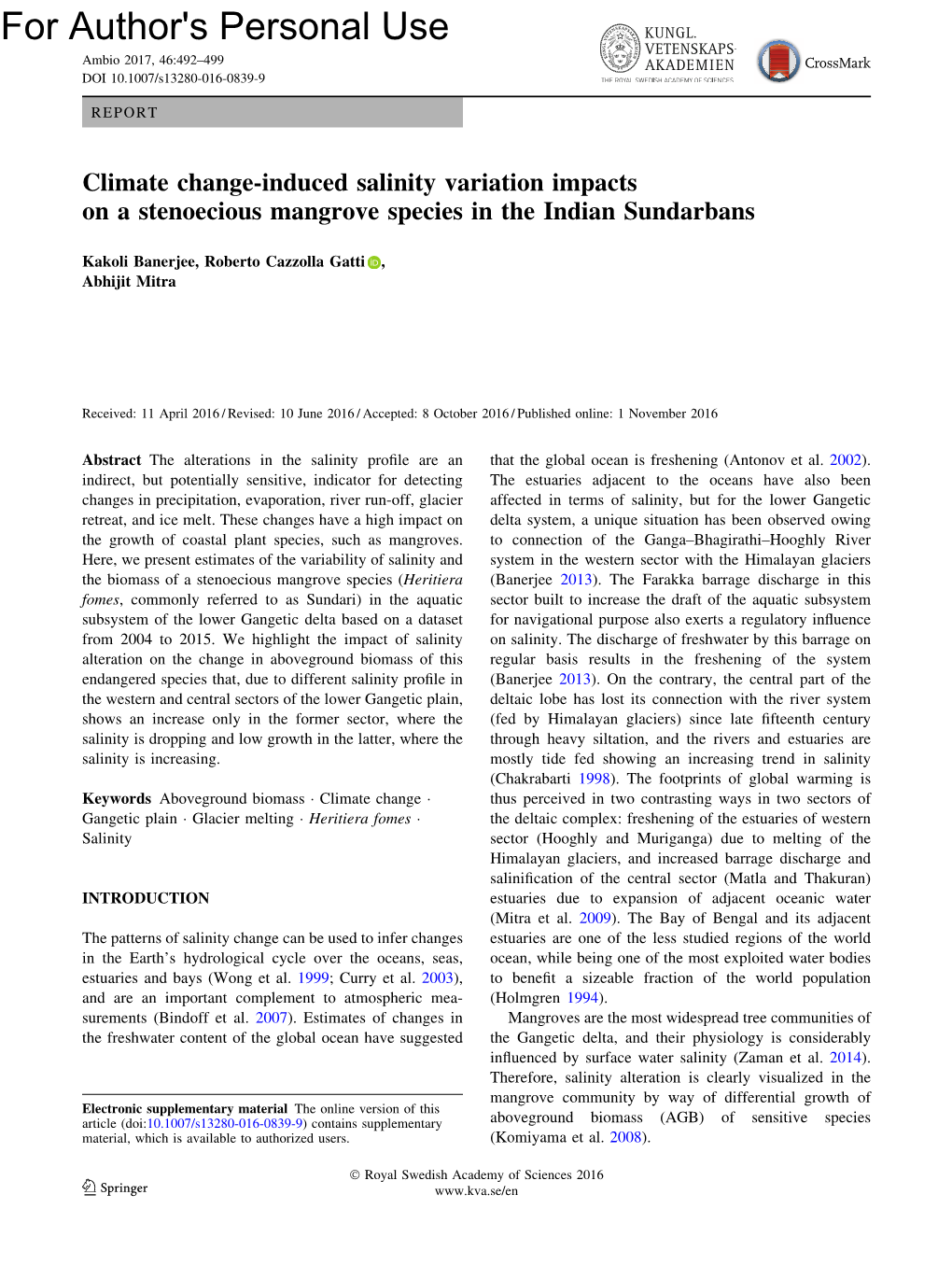 Climate Change-Induced Salinity Variation Impacts on a Stenoecious Mangrove Species in the Indian Sundarbans