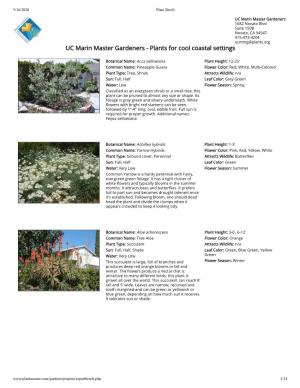 UC Marin Master Gardeners 1682 Novato Blvd Suite 150B Novato, CA 94947 415-473-4204 Ucmmg@Plants.Org UC Marin Master Gardeners - Plants for Cool Coastal Settings
