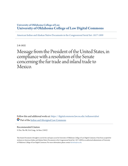 Message from the President of the United States, in Compliance with a Resolution of the Senate Concerning the Fur Trade and Inland Trade to Mexico