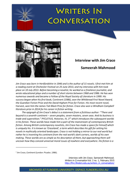 Interview with Jim Crace Sameerah Mahmood