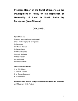 Progress Report of the Panel of Experts on the Development of Policy on the Regulation of Ownership of Land in South Africa by Foreigners [Non-Citizens]