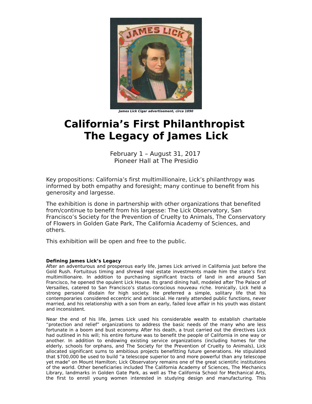 California's First Philanthropist the Legacy of James Lick