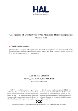 Categories of Coalgebras with Monadic Homomorphisms Wolfram Kahl