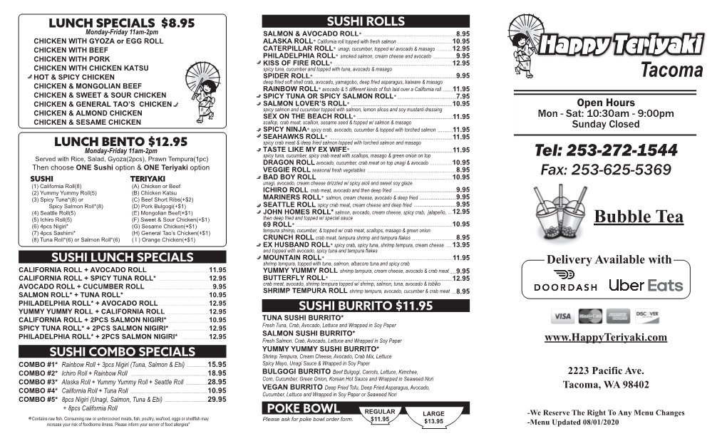 Happy Teriyaki Tacoma Togo Menu