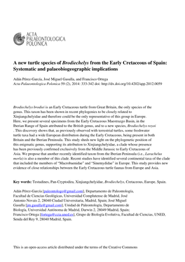 A New Turtle Species of Brodiechelys from the Early Cretaceous of Spain: Systematic and Palaeobiogeographic Implications