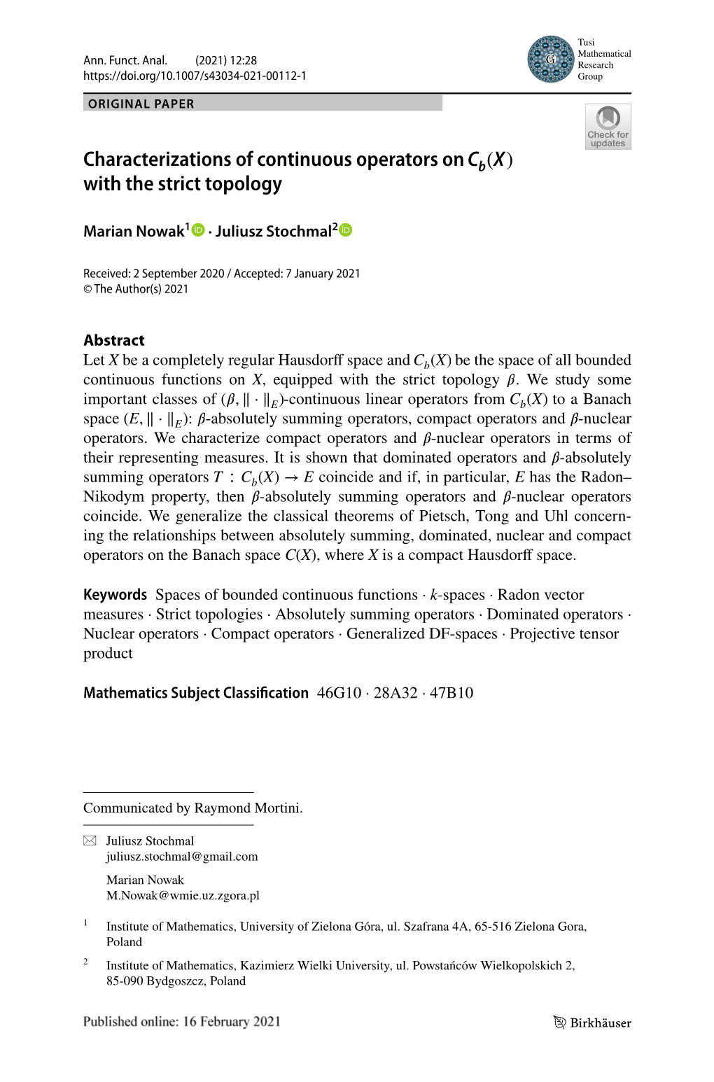 Characterizations of Continuous Operators on with the Strict Topology