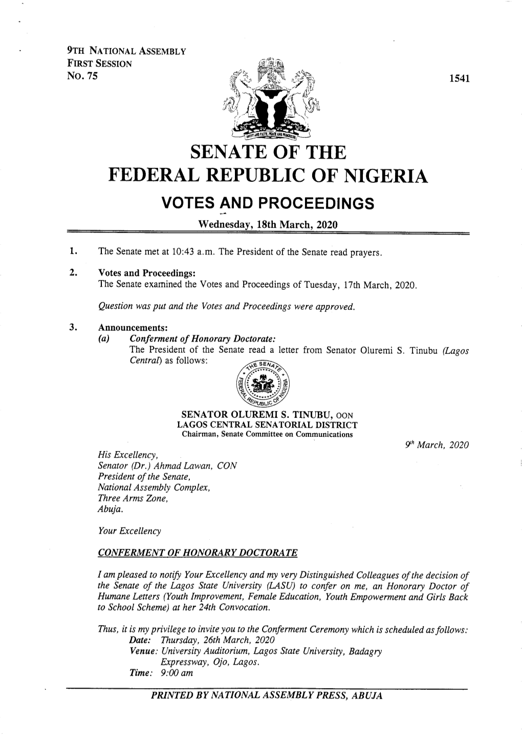 SENATE of the FEDERAL REPUBLIC of NIGERIA VOTES and PROCEEDINGS Wednesday, 18Th March, 2020