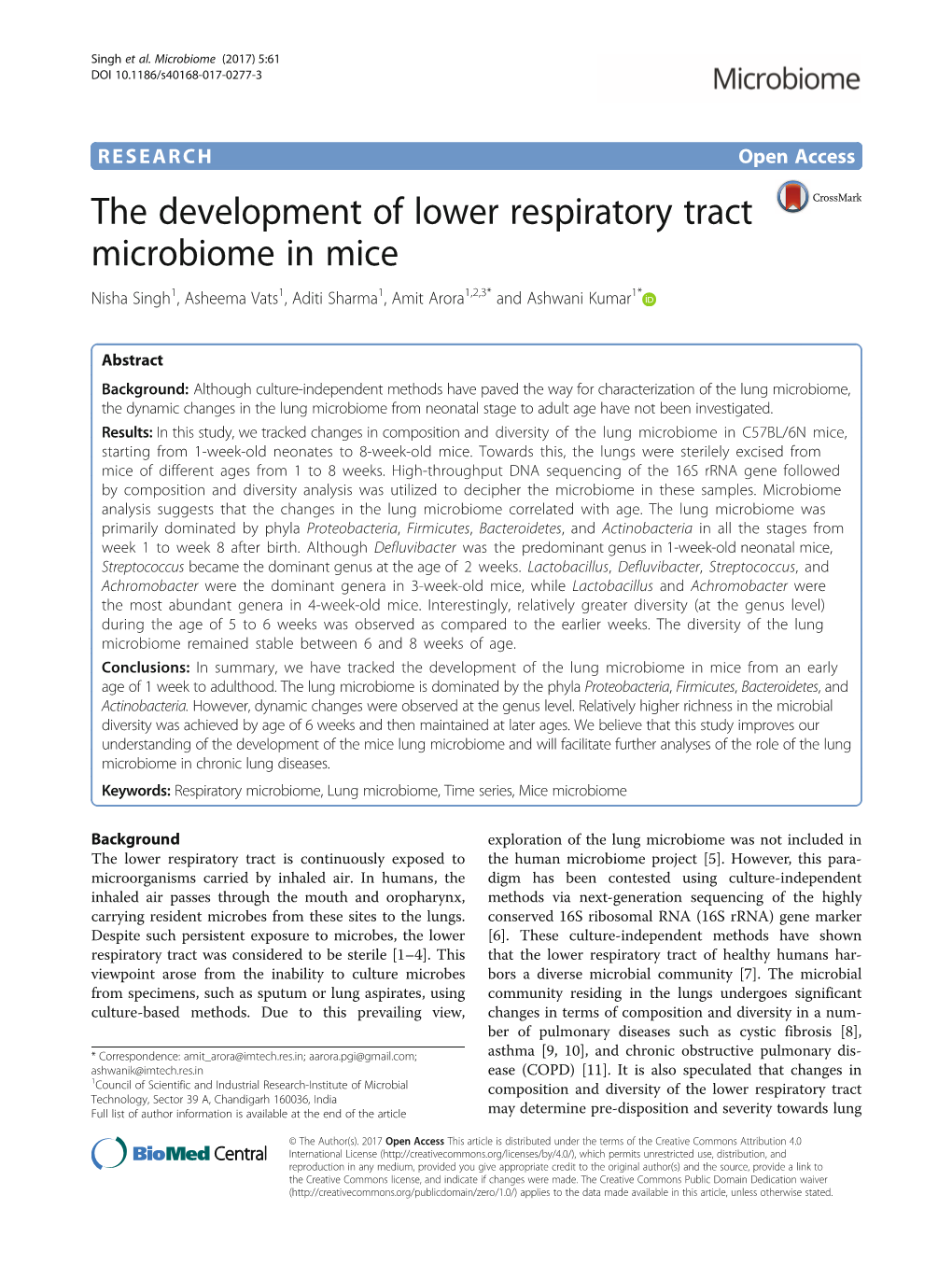 The Development of Lower Respiratory Tract Microbiome in Mice Nisha Singh1, Asheema Vats1, Aditi Sharma1, Amit Arora1,2,3* and Ashwani Kumar1*