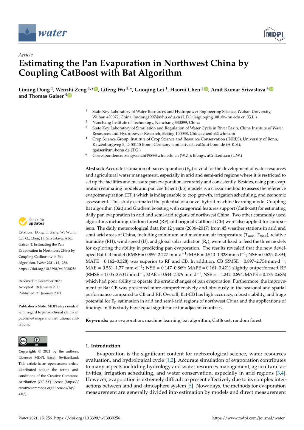 Estimating the Pan Evaporation in Northwest China by Coupling Catboost with Bat Algorithm