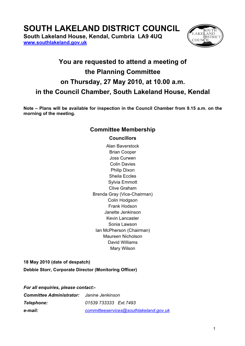 SOUTH LAKELAND DISTRICT COUNCIL PLANNING COMMITTEE – 27 May 2010