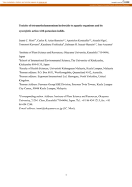 Toxicity of Tetramethylammonium Hydroxide to Aquatic Organisms and Its Synergistic Action with Potassium Iodide