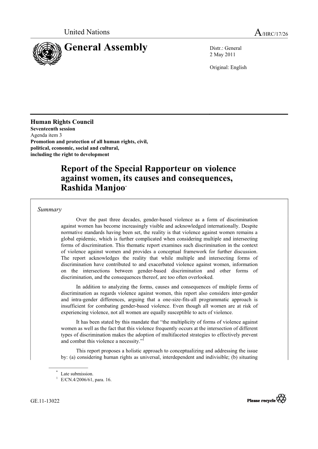 Report of the Special Rapporteur on Violence Against Women, Its Causes and Consequences, Rashida Manjoo*