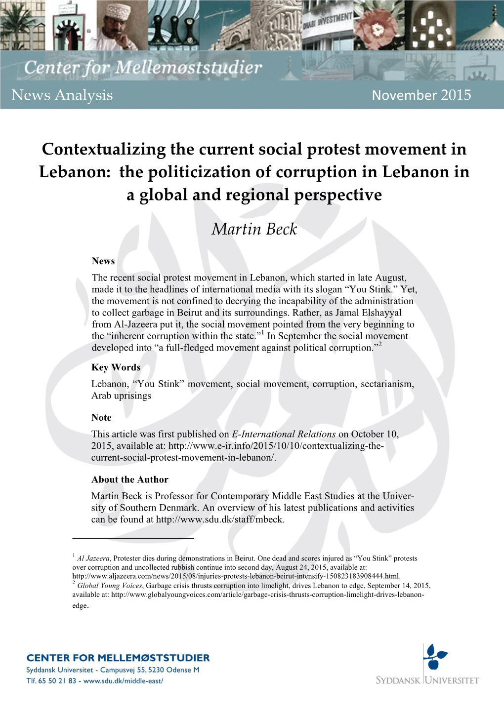 Contextualizing the Current Social Protest Movement in Lebanon: the Politicization of Corruption in Lebanon in a Global and Regional Perspective