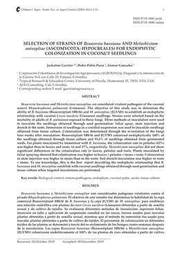 SELECTION of STRAINS of Beauveria Bassiana and Metarhizium Anisopliae (ASCOMYCOTA: HYPOCREALES) for ENDOPHYTIC COLONIZATION in COCONUT SEEDLINGS