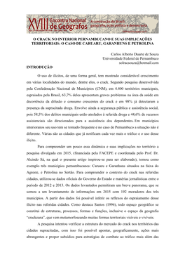 O CRACK NO INTERIOR PERNAMBUCANO E SUAS IMPLICAÇÕES TERRITORIAIS: O CASO DE CARUARU, GARANHUNS E PETROLINA Carlos Alberto Duar