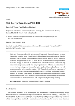 Energy Transitions in the United States Since 1780 (Figures 14 and 15)