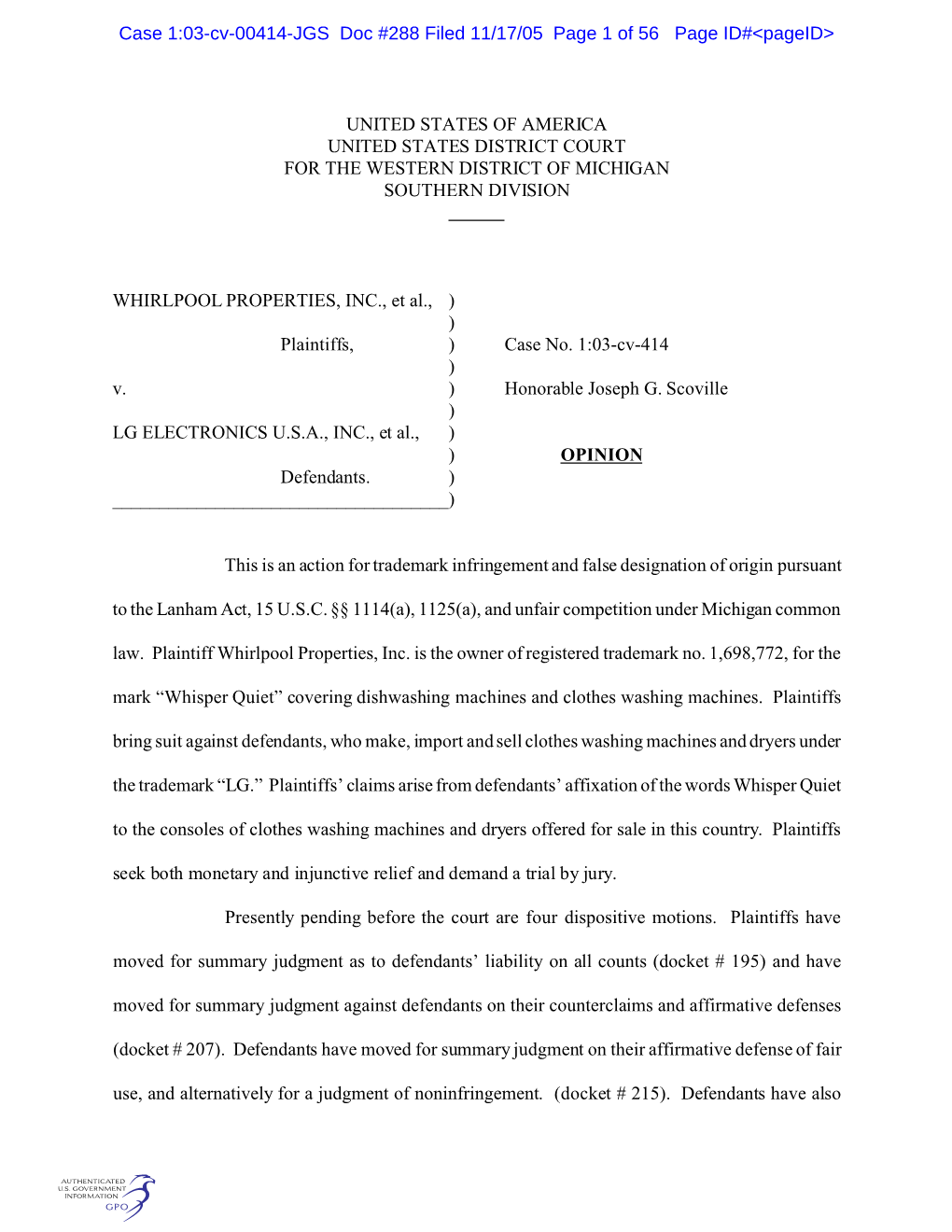 Case 1:03-Cv-00414-JGS Doc #288 Filed 11/17/05 Page 1 of 56 Page ID