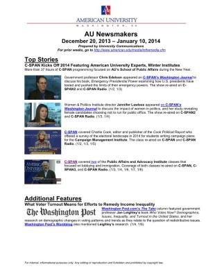 AU Newsmakers December 20, 2013 – January 10, 2014 Prepared by University Communications for Prior Weeks, Go To