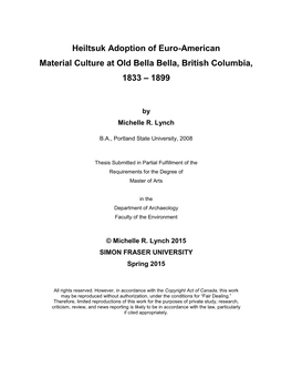 Heiltsuk Adoption of Euro-American Material Culture at Old Bella Bella, British Columbia, 1833 – 1899