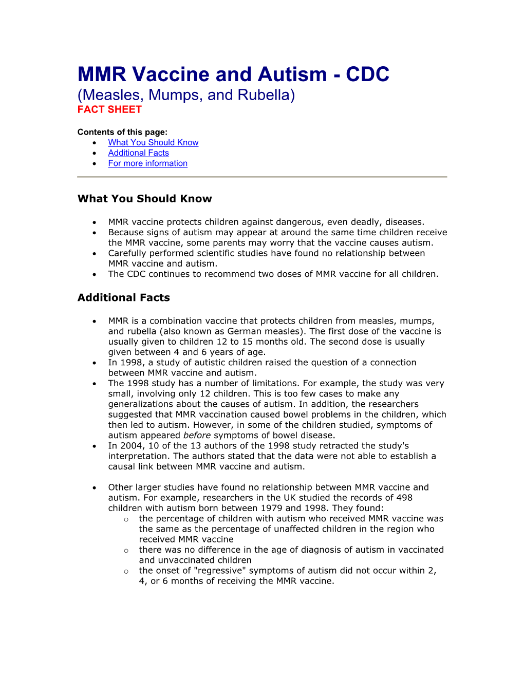 MMR Vaccine and Autism - CDC (Measles, Mumps, and Rubella) FACT SHEET