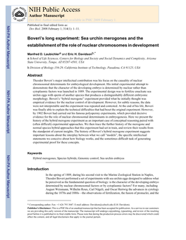 Boveri's Long Experiment: Sea Urchin Merogones and the Establishment