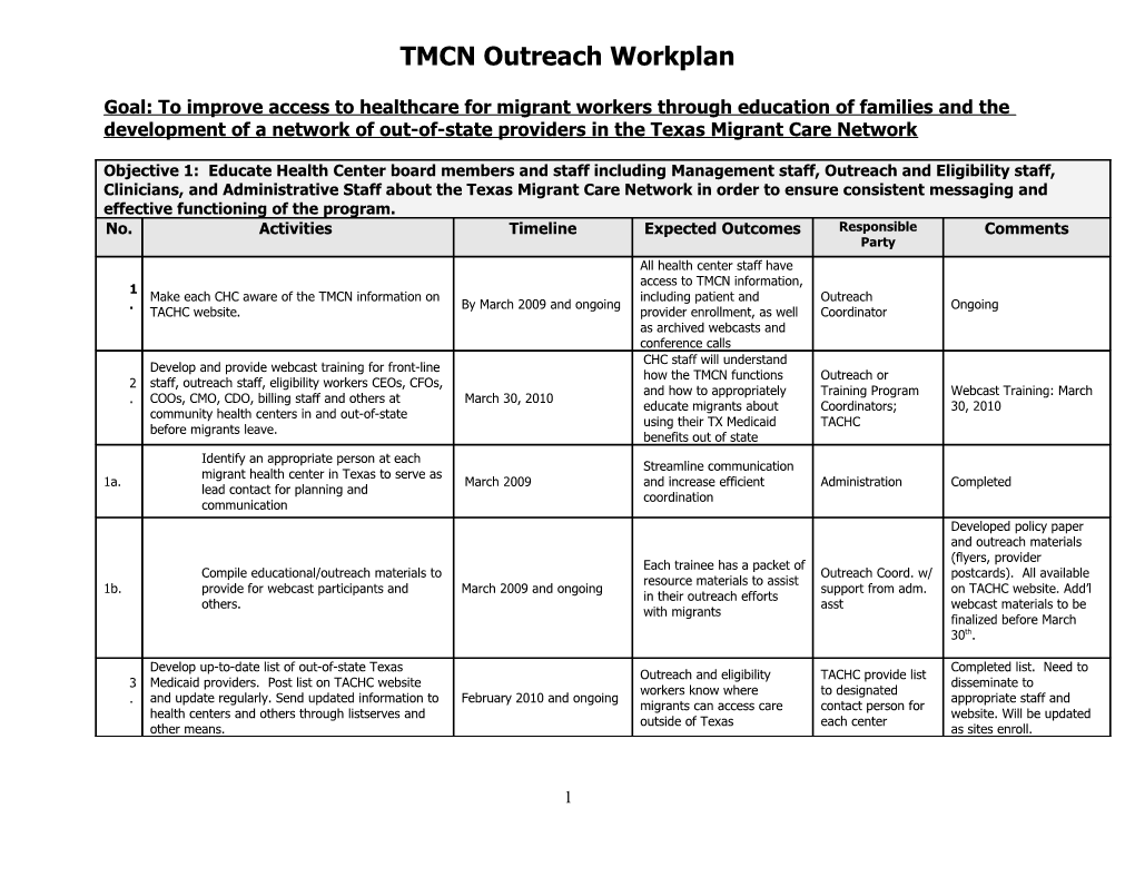 Texas State Outreach Workplan