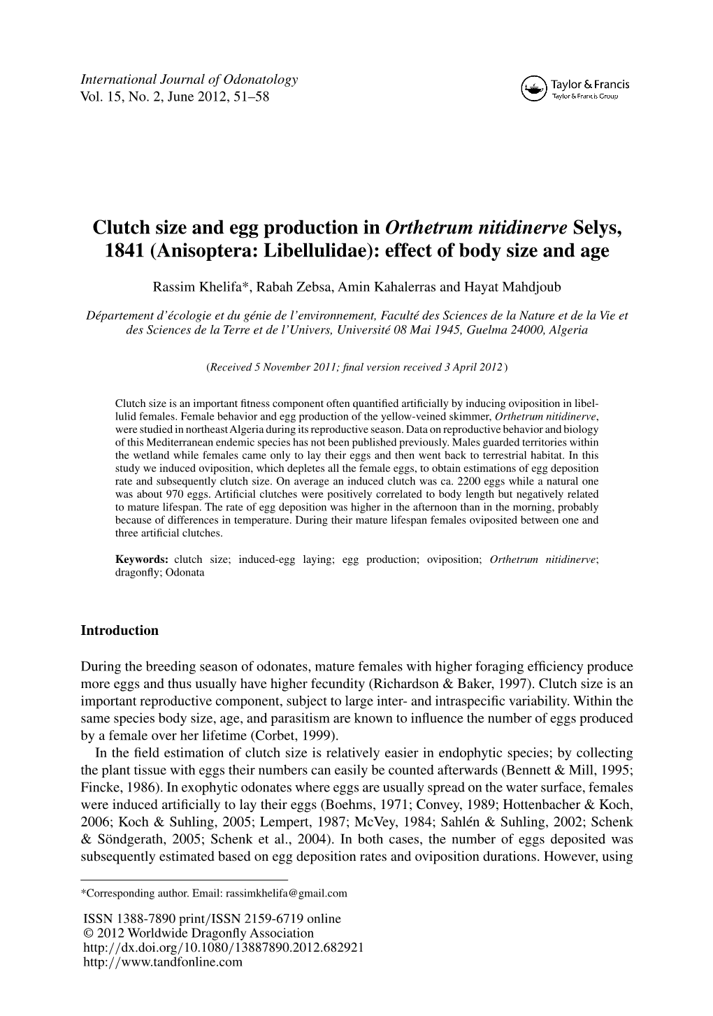 Clutch Size and Egg Production in Orthetrum Nitidinerve Selys, 1841 (Anisoptera: Libellulidae): Effect of Body Size and Age