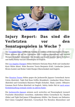 Injury Report: Das Sind Die Verletzten Vor Den Sonntagsspielen in Woche 7