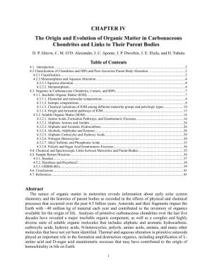CHAPTER IV the Origin and Evolution of Organic Matter In