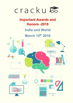 Important Awards and Honors -2018 India and World March 15Th 2018