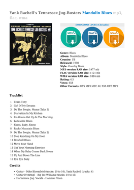 Yank Rachell's Tennessee Jug-Busters Mandolin Blues Mp3, Flac, Wma