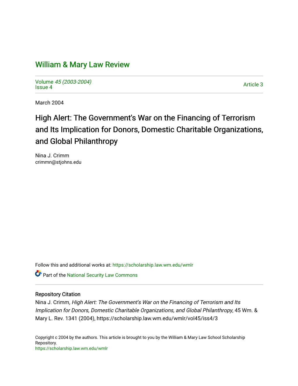 High Alert: the Government's War on the Financing of Terrorism and Its Implication for Donors, Domestic Charitable Organizations, and Global Philanthropy