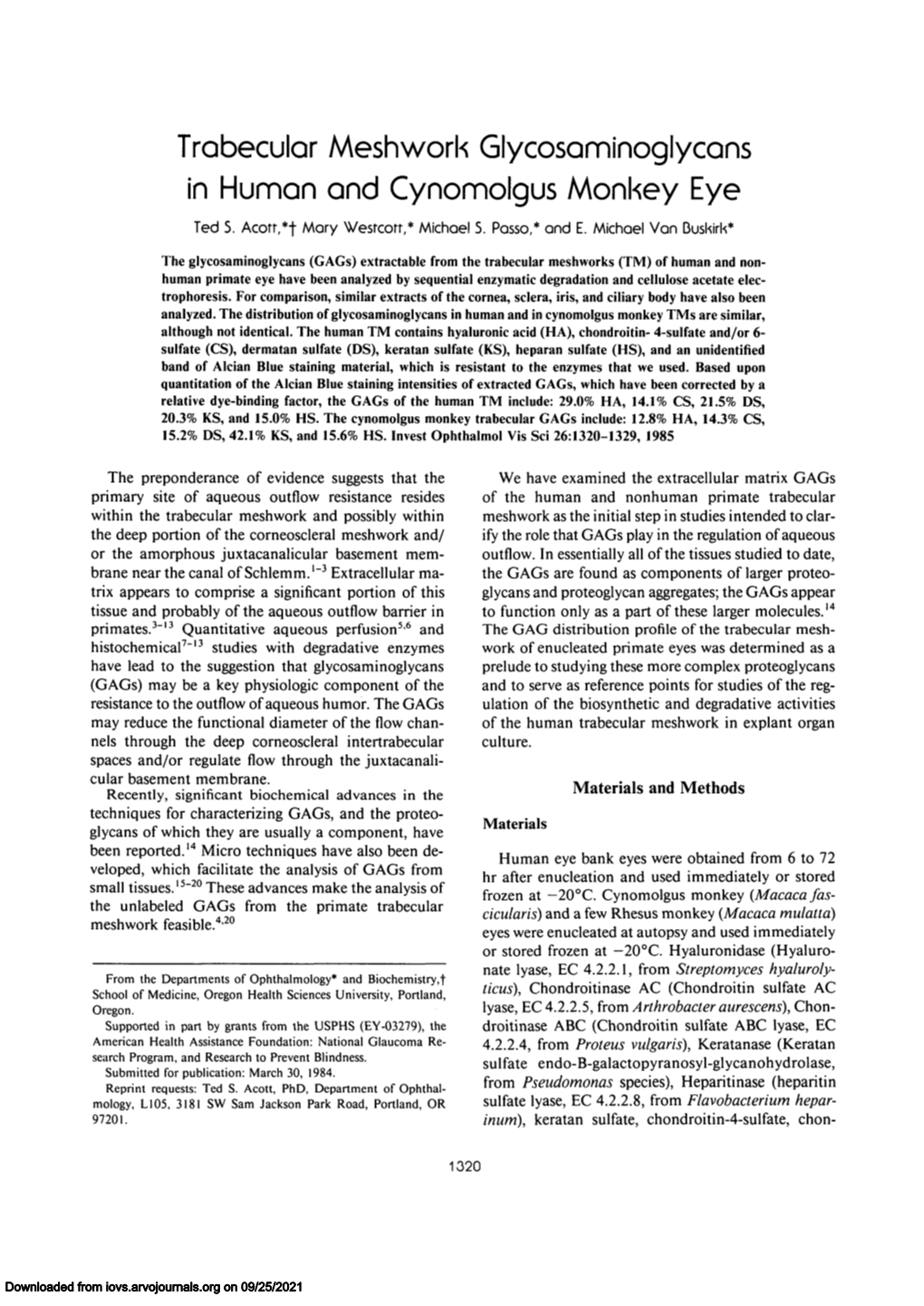 Trabecular Meshwork Glycosaminoglycans in Human and Cynomolgus Monkey Eye Ted S