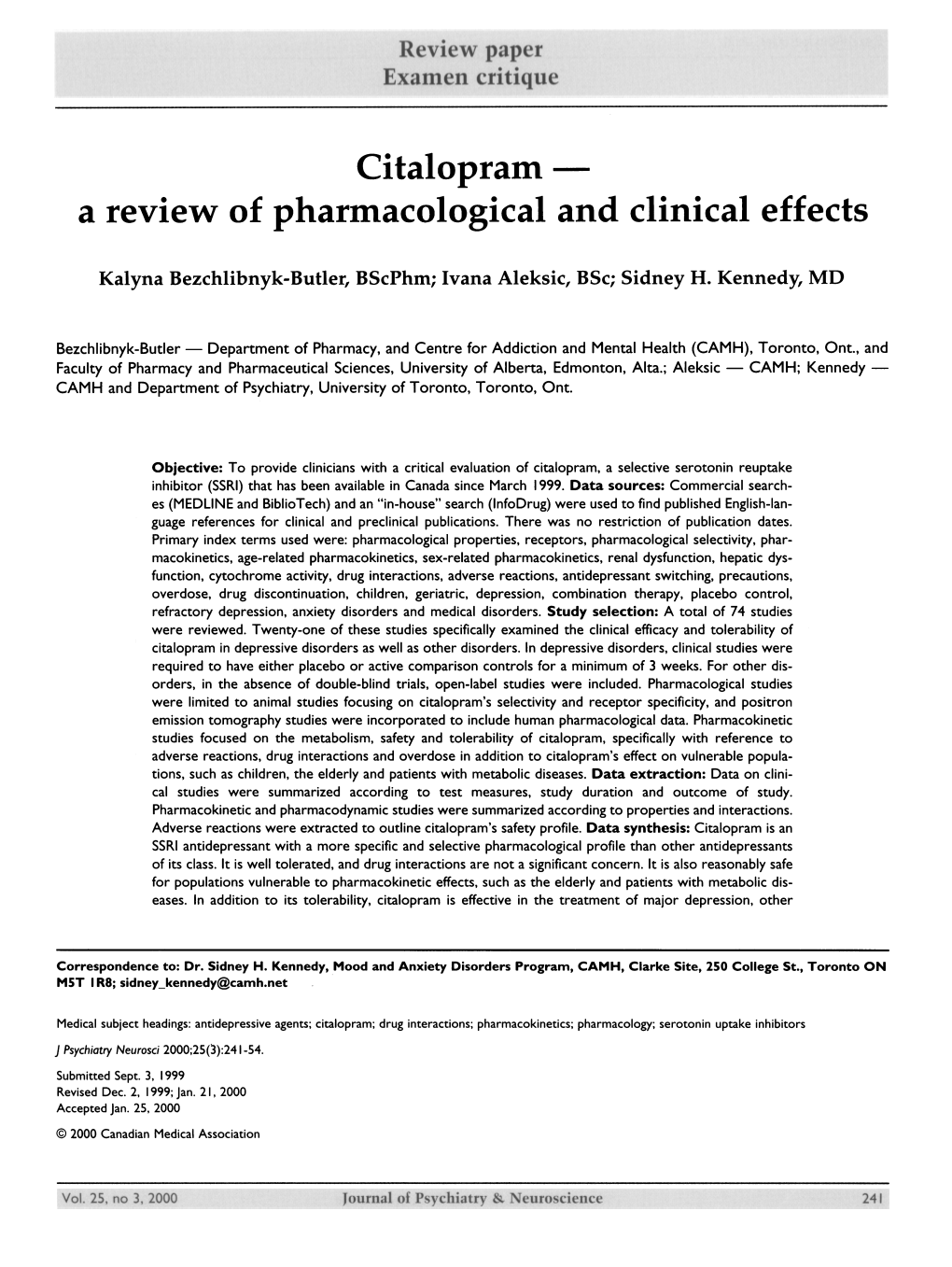 Citaloprami a Review of Pharmacological and Clinical Effects