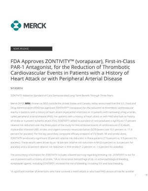 FDA Approves ZONTIVITY™ (Vorapaxar), First-In-Class PAR-1